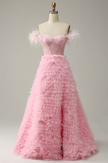 A Línea Fuera del Hombro Rosa Vestido de Graduación Con Plumas